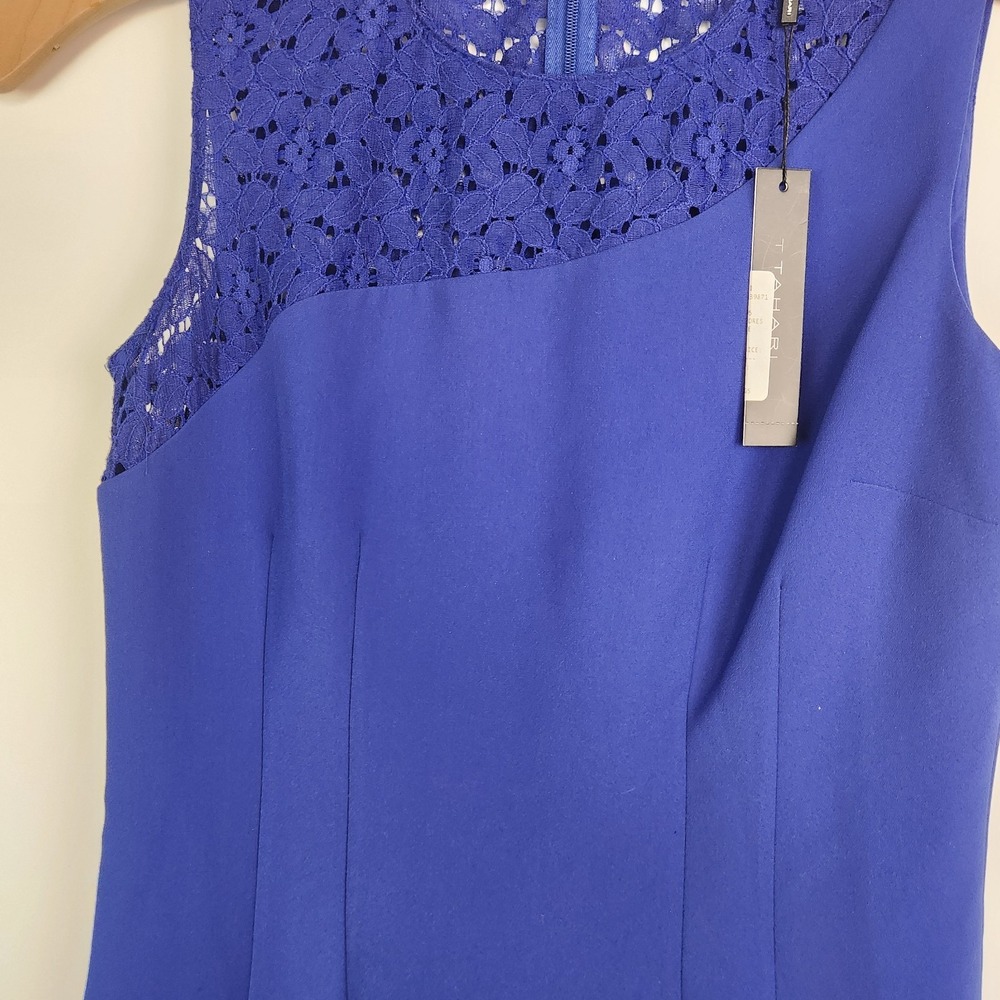 Tahari Sleeveless Blue Bodycon Lace Detail Dress Size 4 - Picture 4 of 8